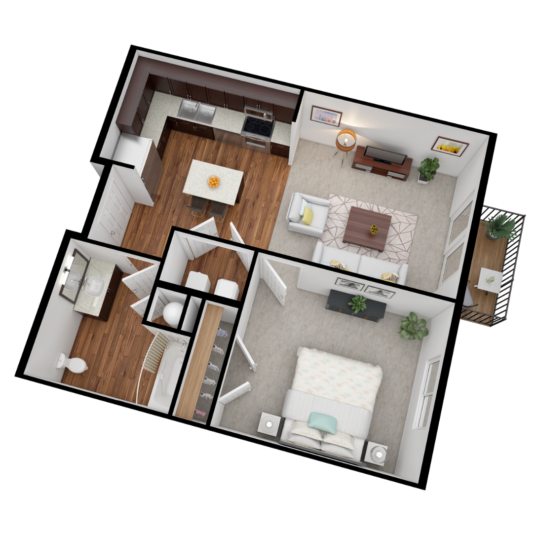 Floor plan for 1 bed, 1 bath, 630 sqft